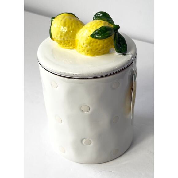 Ceramic Lemon Topper Cookie Jar – White Polka Dot Kitchen Canister- Decorative - Picture 1 of 4